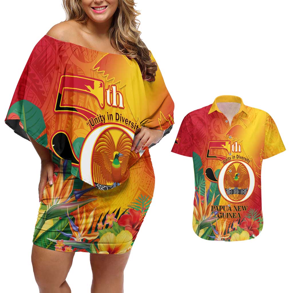 Papua New Guinea Independence Day Couples Matching Off Shoulder Short Dress and Hawaiian Shirt 50th Anniversary Unity in Diversity LT14 Red - Polynesian Pride