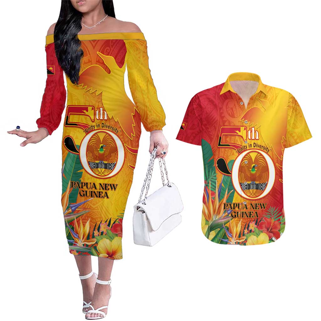 Papua New Guinea Independence Day Couples Matching Off The Shoulder Long Sleeve Dress and Hawaiian Shirt 50th Anniversary Unity in Diversity LT14 Red - Polynesian Pride