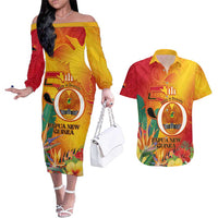 Papua New Guinea Independence Day Couples Matching Off The Shoulder Long Sleeve Dress and Hawaiian Shirt 50th Anniversary Unity in Diversity LT14 Red - Polynesian Pride
