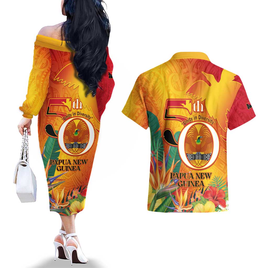 Papua New Guinea Independence Day Couples Matching Off The Shoulder Long Sleeve Dress and Hawaiian Shirt 50th Anniversary Unity in Diversity LT14 - Polynesian Pride