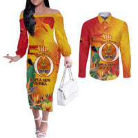 Papua New Guinea Independence Day Couples Matching Off The Shoulder Long Sleeve Dress and Long Sleeve Button Shirt 50th Anniversary Unity in Diversity LT14 Red - Polynesian Pride