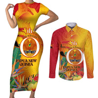 Papua New Guinea Independence Day Couples Matching Short Sleeve Bodycon Dress and Long Sleeve Button Shirt 50th Anniversary Unity in Diversity LT14 Red - Polynesian Pride