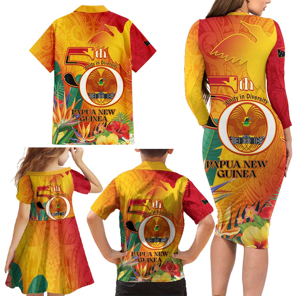 Papua New Guinea Independence Day Family Matching Long Sleeve Bodycon Dress and Hawaiian Shirt 50th Anniversary Unity in Diversity LT14 - Polynesian Pride
