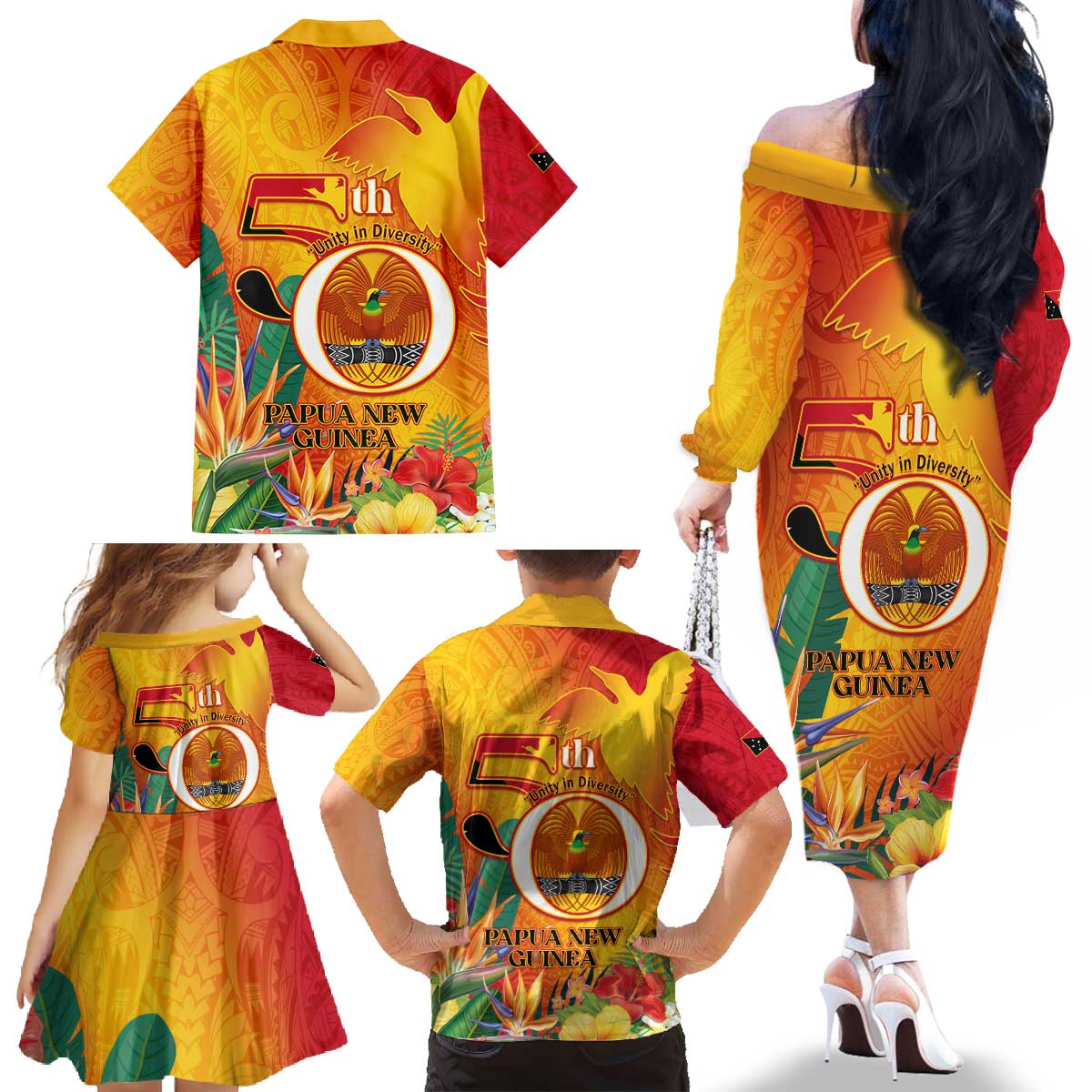 Papua New Guinea Independence Day Family Matching Off The Shoulder Long Sleeve Dress and Hawaiian Shirt 50th Anniversary Unity in Diversity LT14 - Polynesian Pride
