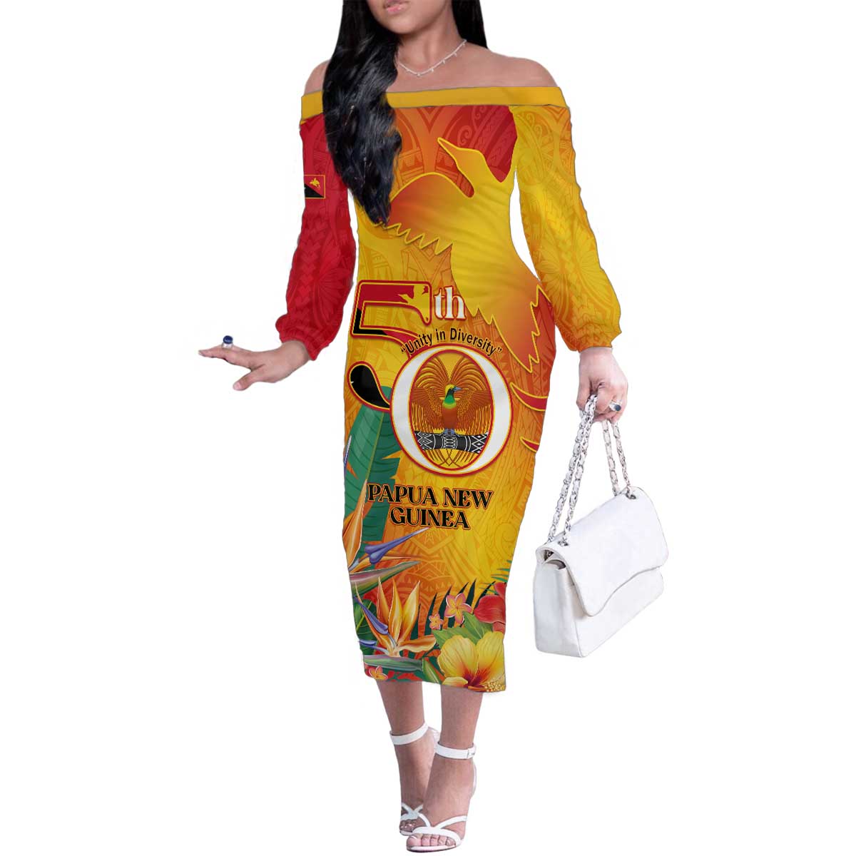 Papua New Guinea Independence Day Family Matching Off The Shoulder Long Sleeve Dress and Hawaiian Shirt 50th Anniversary Unity in Diversity LT14 Mom's Dress Red - Polynesian Pride