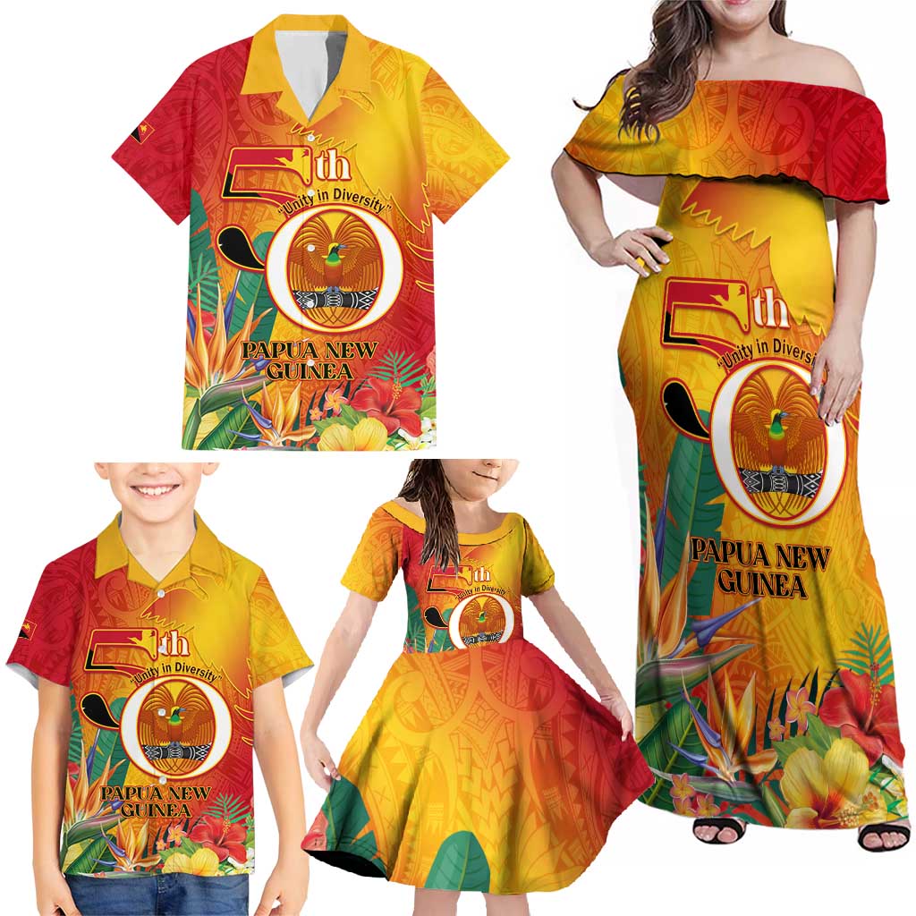 Papua New Guinea Independence Day Family Matching Off Shoulder Maxi Dress and Hawaiian Shirt 50th Anniversary Unity in Diversity LT14 - Polynesian Pride