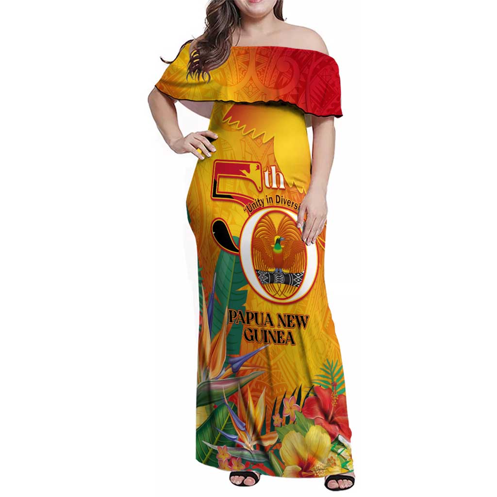 Papua New Guinea Independence Day Family Matching Off Shoulder Maxi Dress and Hawaiian Shirt 50th Anniversary Unity in Diversity LT14 Mom's Dress Red - Polynesian Pride