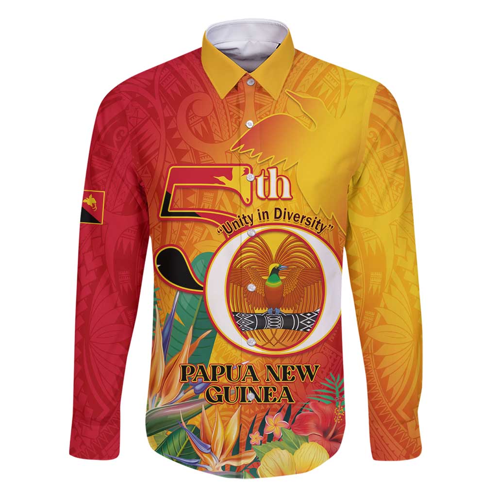 Papua New Guinea Independence Day Family Matching Off Shoulder Short Dress and Hawaiian Shirt 50th Anniversary Unity in Diversity LT14 Dad's Shirt - Long Sleeve Red - Polynesian Pride