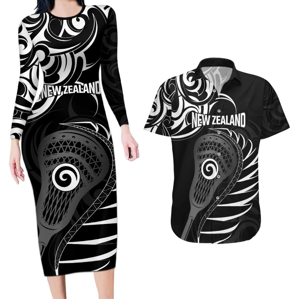 Personalised New Zealand Silver Fern Lacrosse Couples Matching Long Sleeve Bodycon Dress and Hawaiian Shirt Aotearoa Maori Pattern LT14 Black - Polynesian Pride