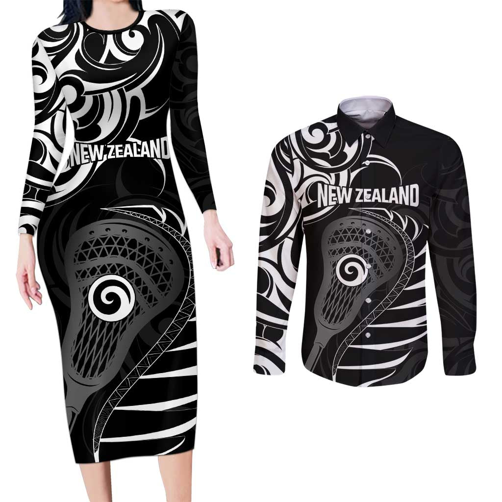 Personalised New Zealand Silver Fern Lacrosse Couples Matching Long Sleeve Bodycon Dress and Long Sleeve Button Shirt Aotearoa Maori Pattern LT14 Black - Polynesian Pride
