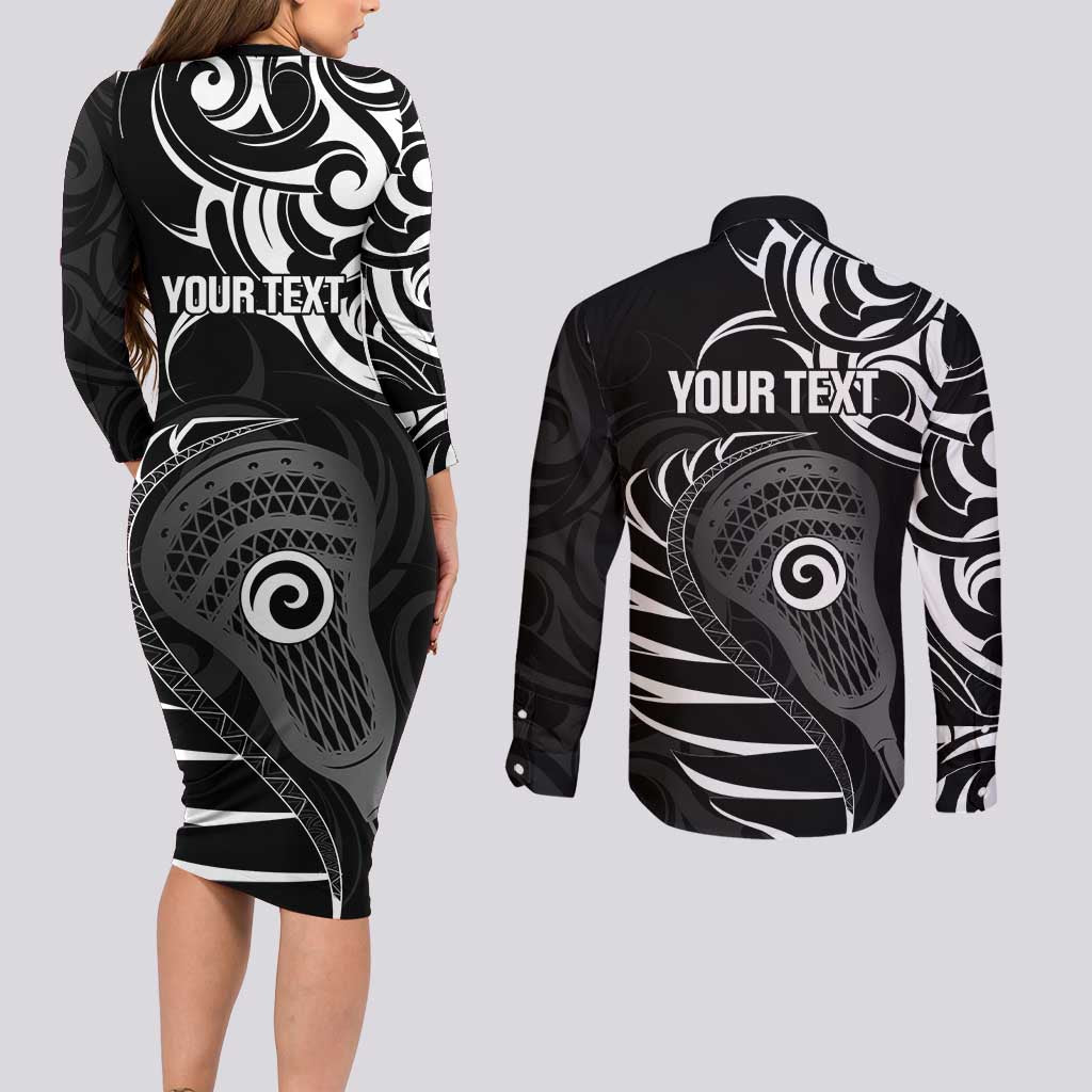 Personalised New Zealand Silver Fern Lacrosse Couples Matching Long Sleeve Bodycon Dress and Long Sleeve Button Shirt Aotearoa Maori Pattern LT14 - Polynesian Pride