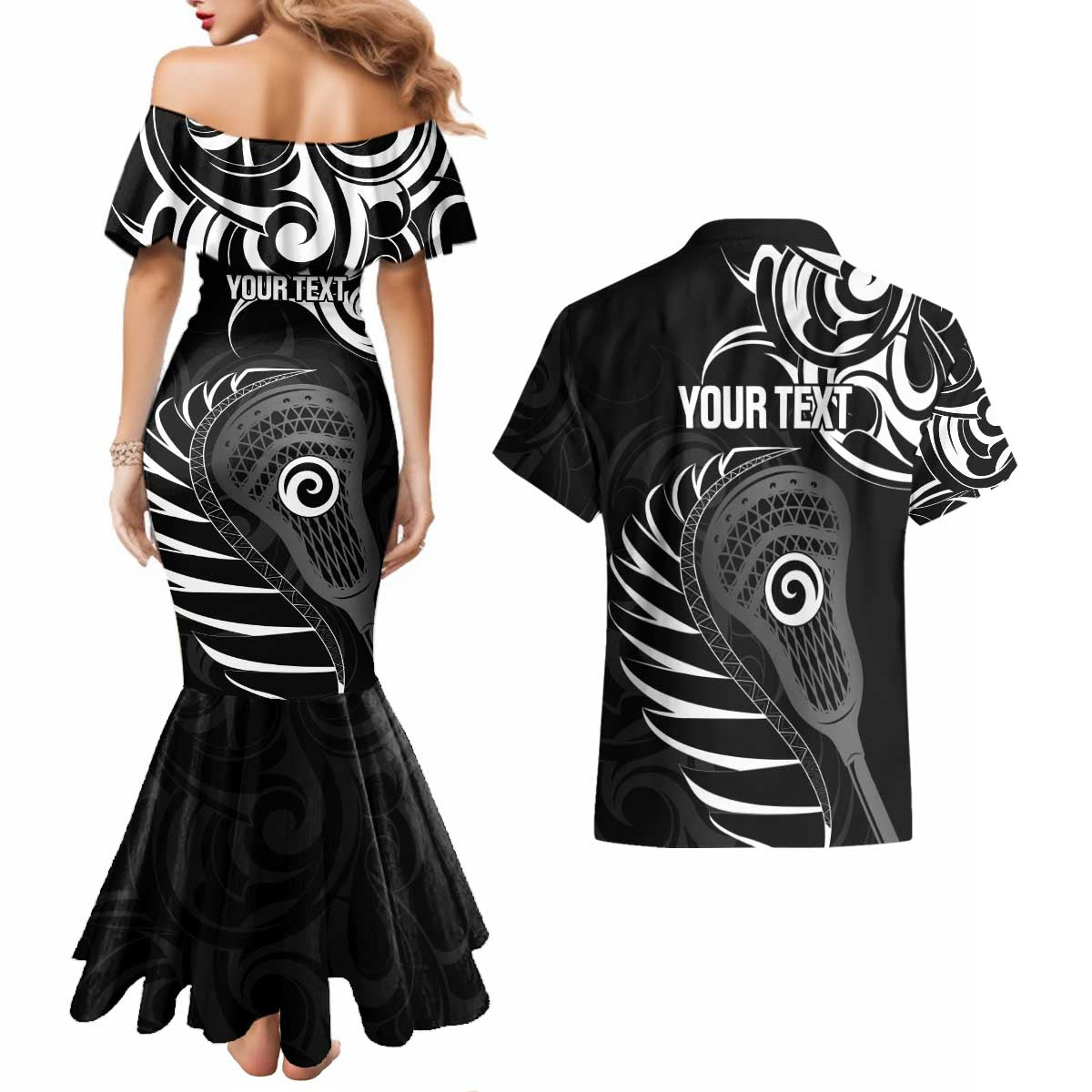 Personalised New Zealand Silver Fern Lacrosse Couples Matching Mermaid Dress and Hawaiian Shirt Aotearoa Maori Pattern LT14 - Polynesian Pride