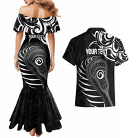 Personalised New Zealand Silver Fern Lacrosse Couples Matching Mermaid Dress and Hawaiian Shirt Aotearoa Maori Pattern LT14 - Polynesian Pride