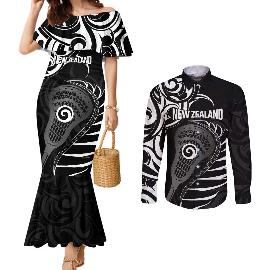 Personalised New Zealand Silver Fern Lacrosse Couples Matching Mermaid Dress and Long Sleeve Button Shirt Aotearoa Maori Pattern LT14 Black - Polynesian Pride