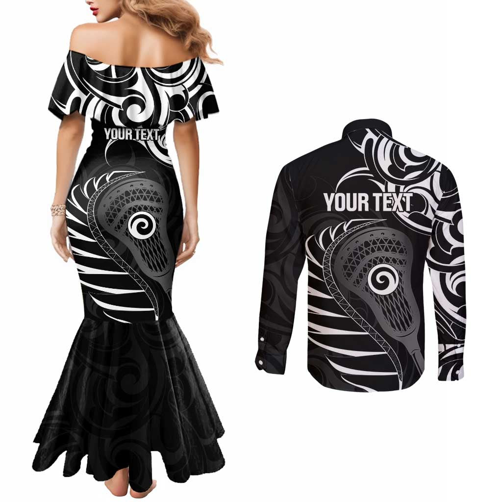 Personalised New Zealand Silver Fern Lacrosse Couples Matching Mermaid Dress and Long Sleeve Button Shirt Aotearoa Maori Pattern LT14 - Polynesian Pride