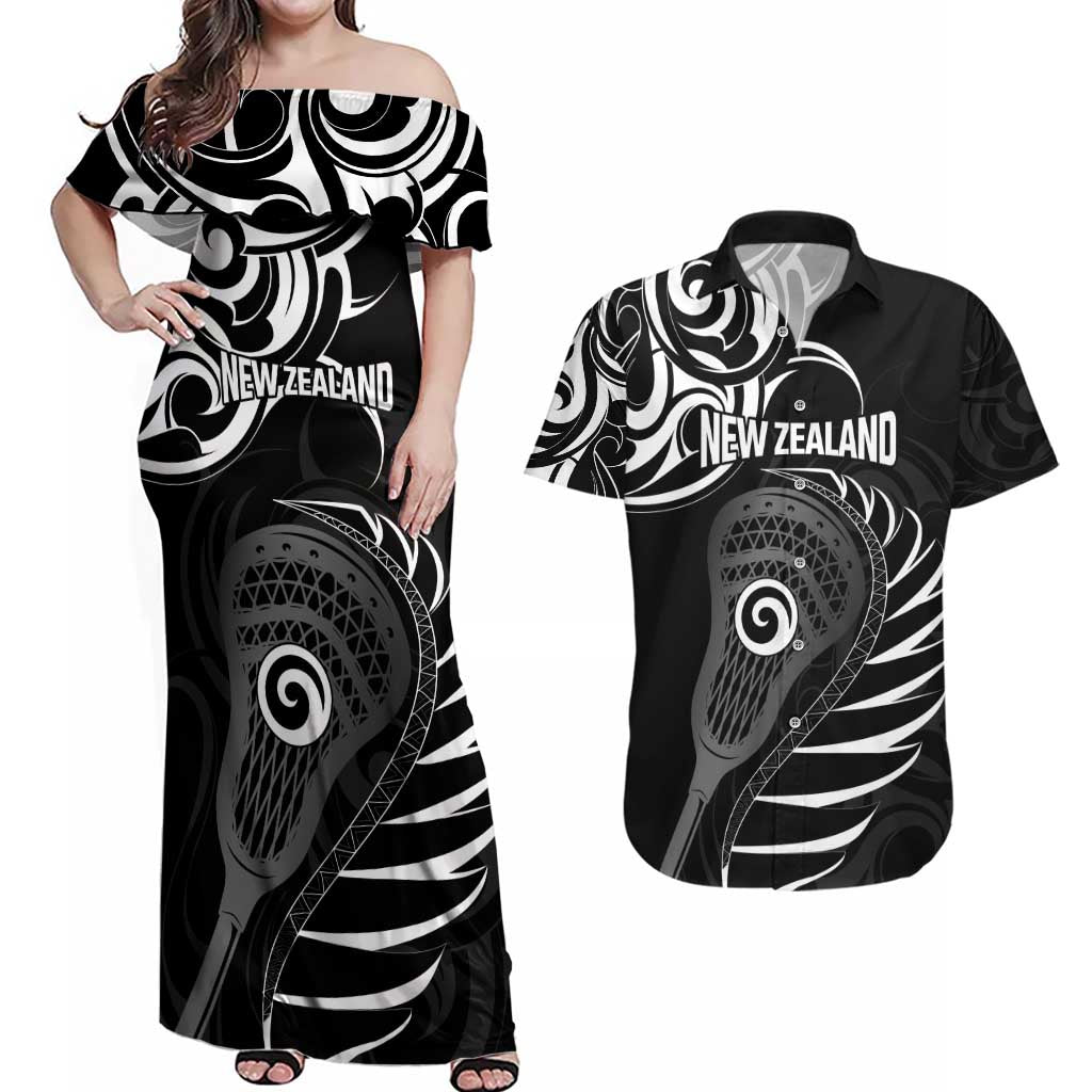 Personalised New Zealand Silver Fern Lacrosse Couples Matching Off Shoulder Maxi Dress and Hawaiian Shirt Aotearoa Maori Pattern LT14 Black - Polynesian Pride