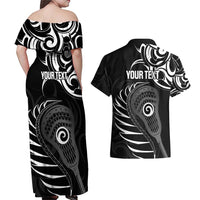 Personalised New Zealand Silver Fern Lacrosse Couples Matching Off Shoulder Maxi Dress and Hawaiian Shirt Aotearoa Maori Pattern LT14 - Polynesian Pride