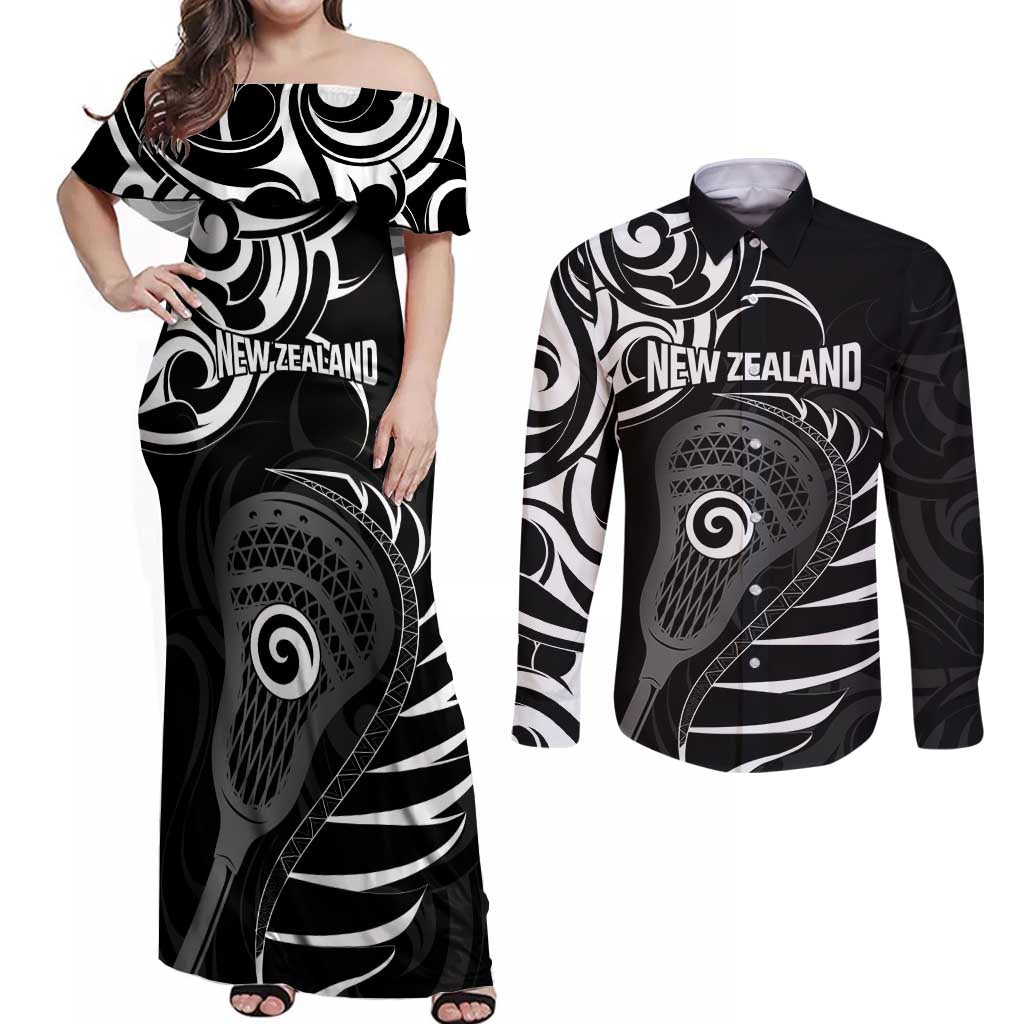 Personalised New Zealand Silver Fern Lacrosse Couples Matching Off Shoulder Maxi Dress and Long Sleeve Button Shirt Aotearoa Maori Pattern LT14 Black - Polynesian Pride