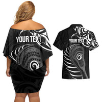 Personalised New Zealand Silver Fern Lacrosse Couples Matching Off Shoulder Short Dress and Hawaiian Shirt Aotearoa Maori Pattern LT14 - Polynesian Pride