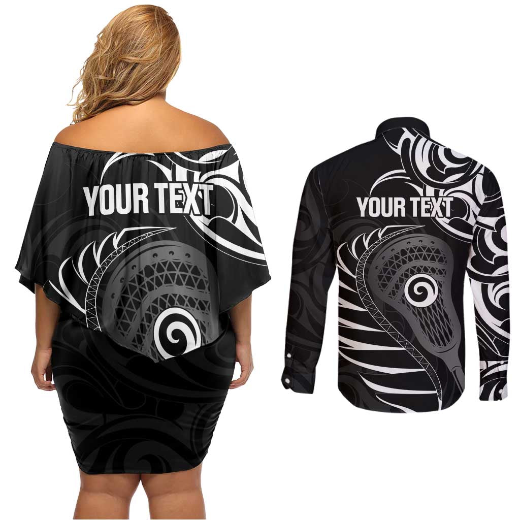 Personalised New Zealand Silver Fern Lacrosse Couples Matching Off Shoulder Short Dress and Long Sleeve Button Shirt Aotearoa Maori Pattern LT14 - Polynesian Pride