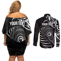 Personalised New Zealand Silver Fern Lacrosse Couples Matching Off Shoulder Short Dress and Long Sleeve Button Shirt Aotearoa Maori Pattern LT14 - Polynesian Pride