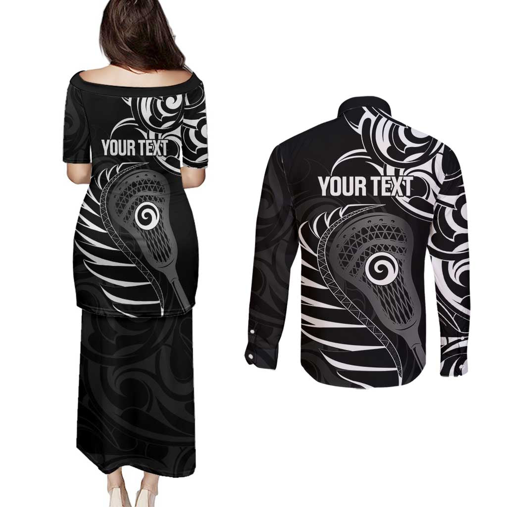Personalised New Zealand Silver Fern Lacrosse Couples Matching Puletasi and Long Sleeve Button Shirt Aotearoa Maori Pattern LT14 - Polynesian Pride