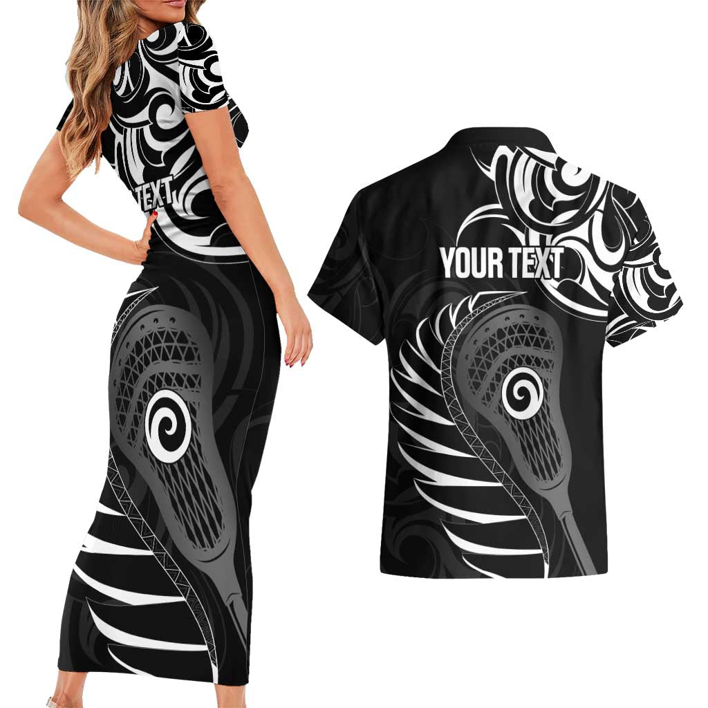 Personalised New Zealand Silver Fern Lacrosse Couples Matching Short Sleeve Bodycon Dress and Hawaiian Shirt Aotearoa Maori Pattern LT14 - Polynesian Pride