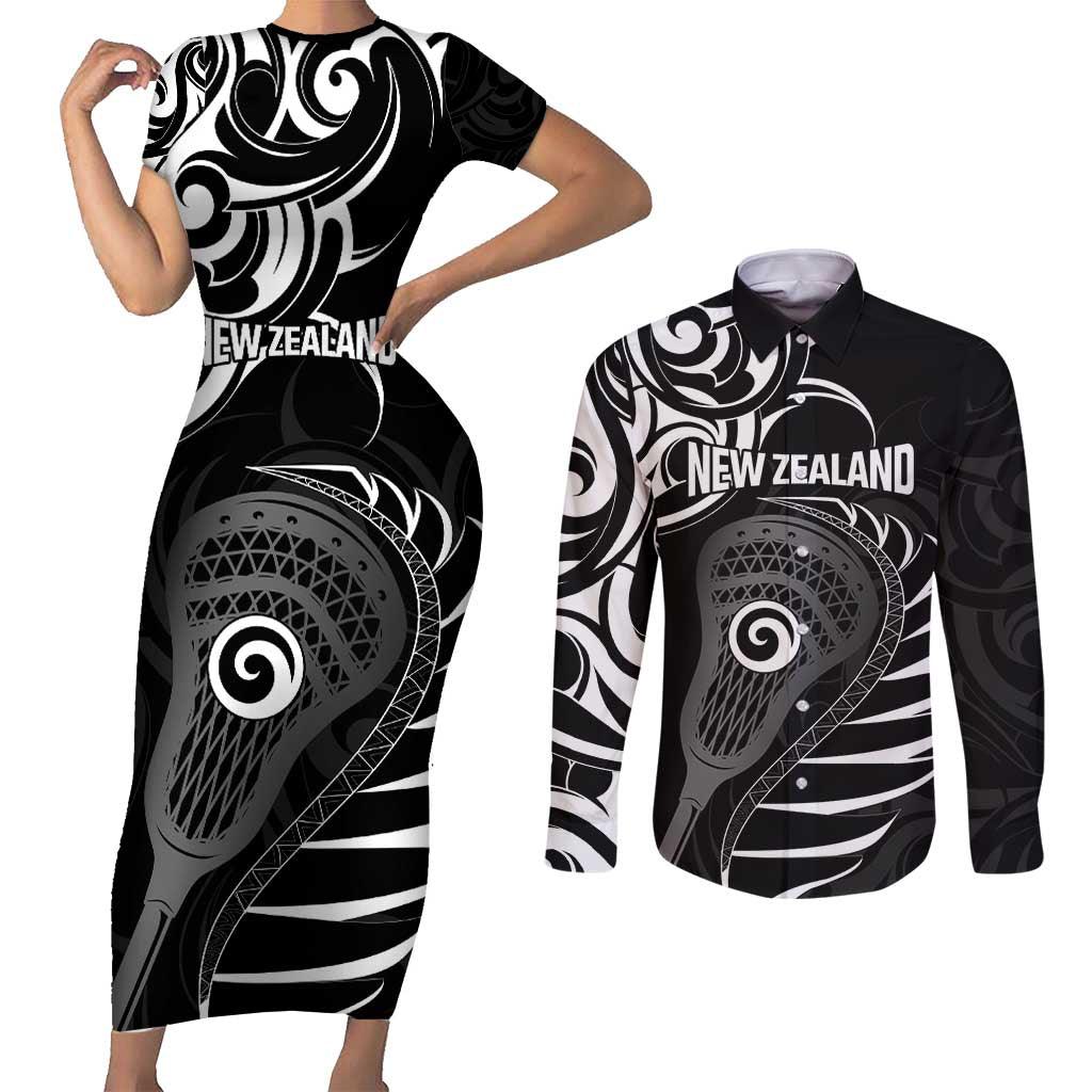 Personalised New Zealand Silver Fern Lacrosse Couples Matching Short Sleeve Bodycon Dress and Long Sleeve Button Shirt Aotearoa Maori Pattern LT14 Black - Polynesian Pride