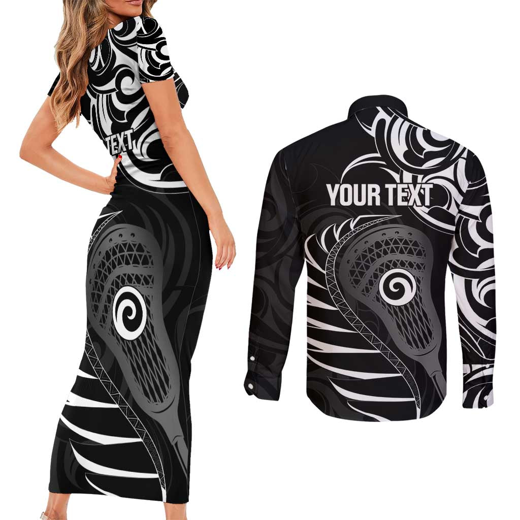 Personalised New Zealand Silver Fern Lacrosse Couples Matching Short Sleeve Bodycon Dress and Long Sleeve Button Shirt Aotearoa Maori Pattern LT14 - Polynesian Pride