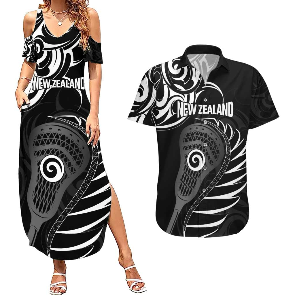Personalised New Zealand Silver Fern Lacrosse Couples Matching Summer Maxi Dress and Hawaiian Shirt Aotearoa Maori Pattern LT14 Black - Polynesian Pride