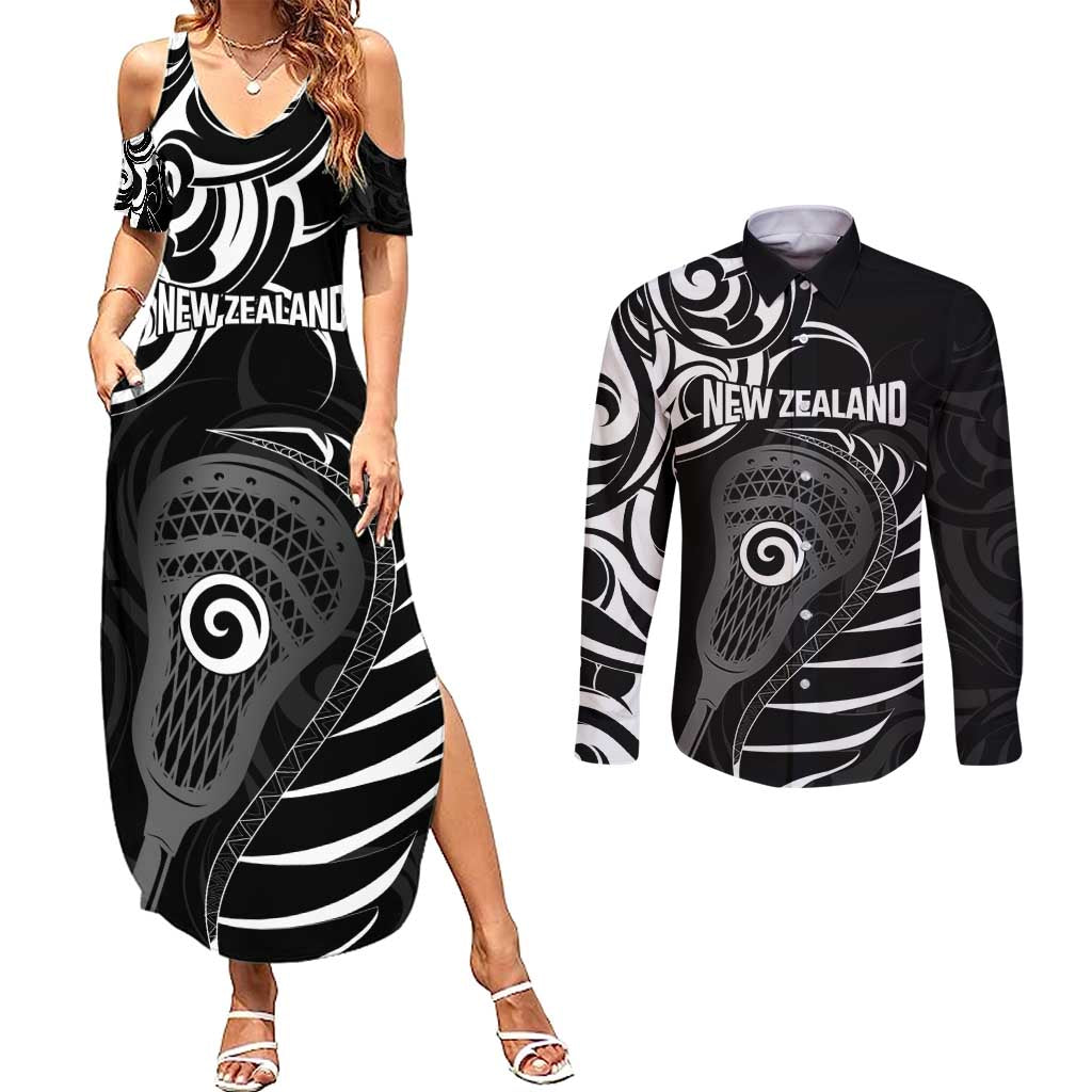 Personalised New Zealand Silver Fern Lacrosse Couples Matching Summer Maxi Dress and Long Sleeve Button Shirt Aotearoa Maori Pattern LT14 Black - Polynesian Pride