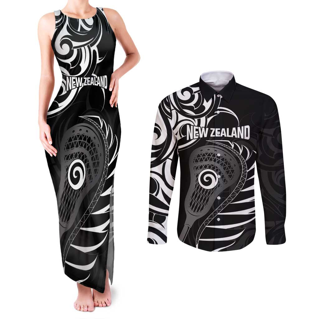 Personalised New Zealand Silver Fern Lacrosse Couples Matching Tank Maxi Dress and Long Sleeve Button Shirt Aotearoa Maori Pattern LT14 Black - Polynesian Pride