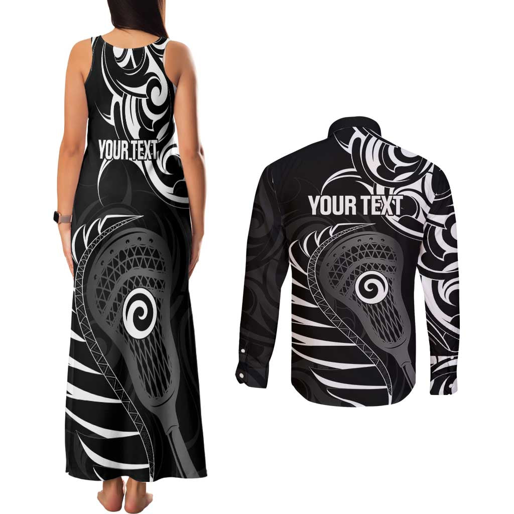 Personalised New Zealand Silver Fern Lacrosse Couples Matching Tank Maxi Dress and Long Sleeve Button Shirt Aotearoa Maori Pattern LT14 - Polynesian Pride