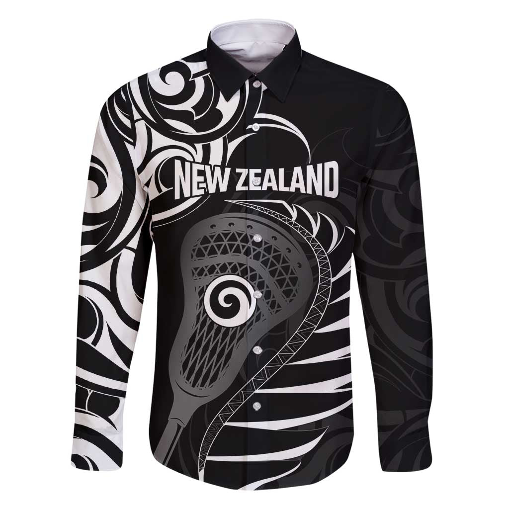 Personalised New Zealand Silver Fern Lacrosse Family Matching Off Shoulder Maxi Dress and Hawaiian Shirt Aotearoa Maori Pattern LT14 Dad's Shirt - Long Sleeve Black - Polynesian Pride