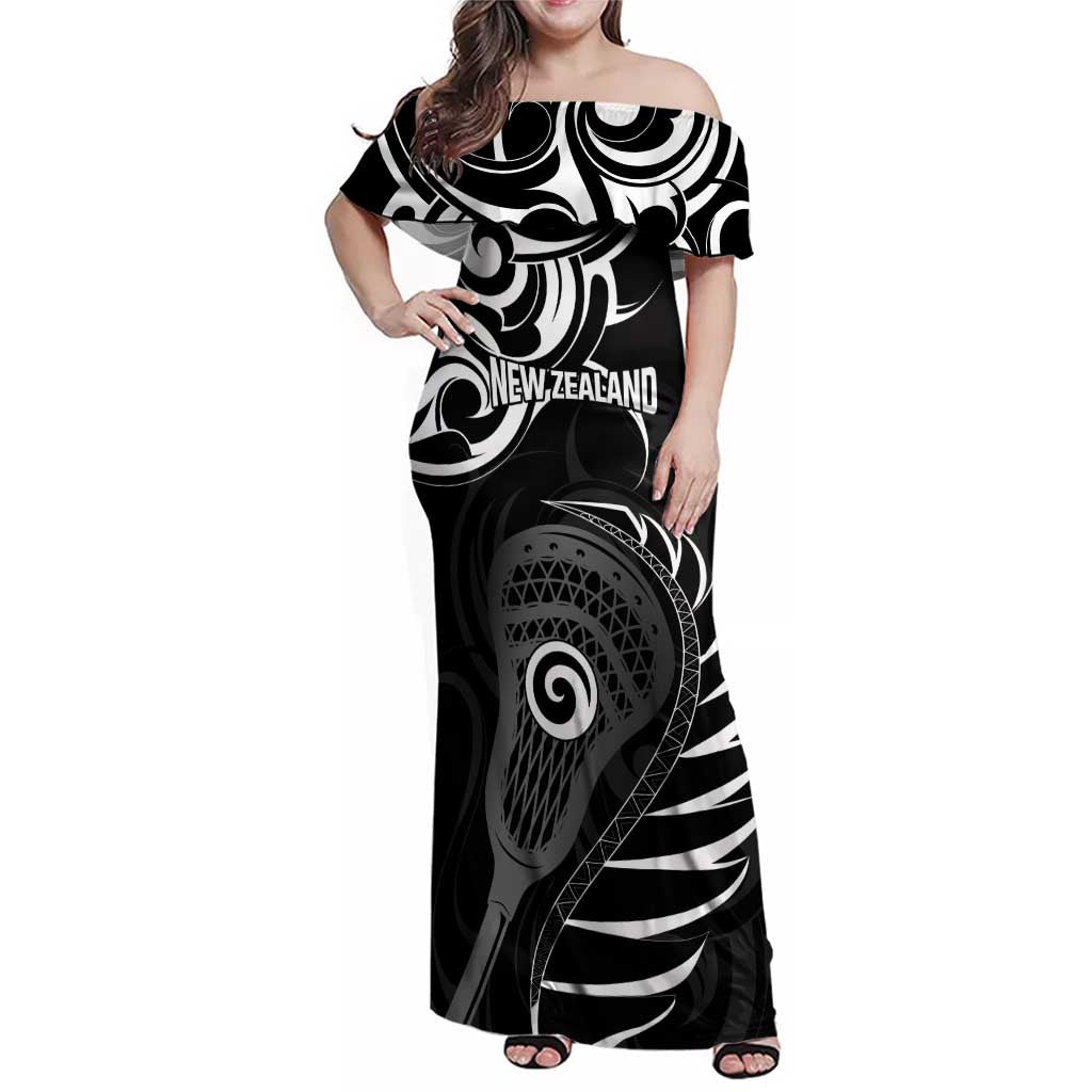 Personalised New Zealand Silver Fern Lacrosse Family Matching Off Shoulder Maxi Dress and Hawaiian Shirt Aotearoa Maori Pattern LT14 Mom's Dress Black - Polynesian Pride