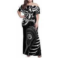 Personalised New Zealand Silver Fern Lacrosse Family Matching Off Shoulder Maxi Dress and Hawaiian Shirt Aotearoa Maori Pattern LT14 Mom's Dress Black - Polynesian Pride