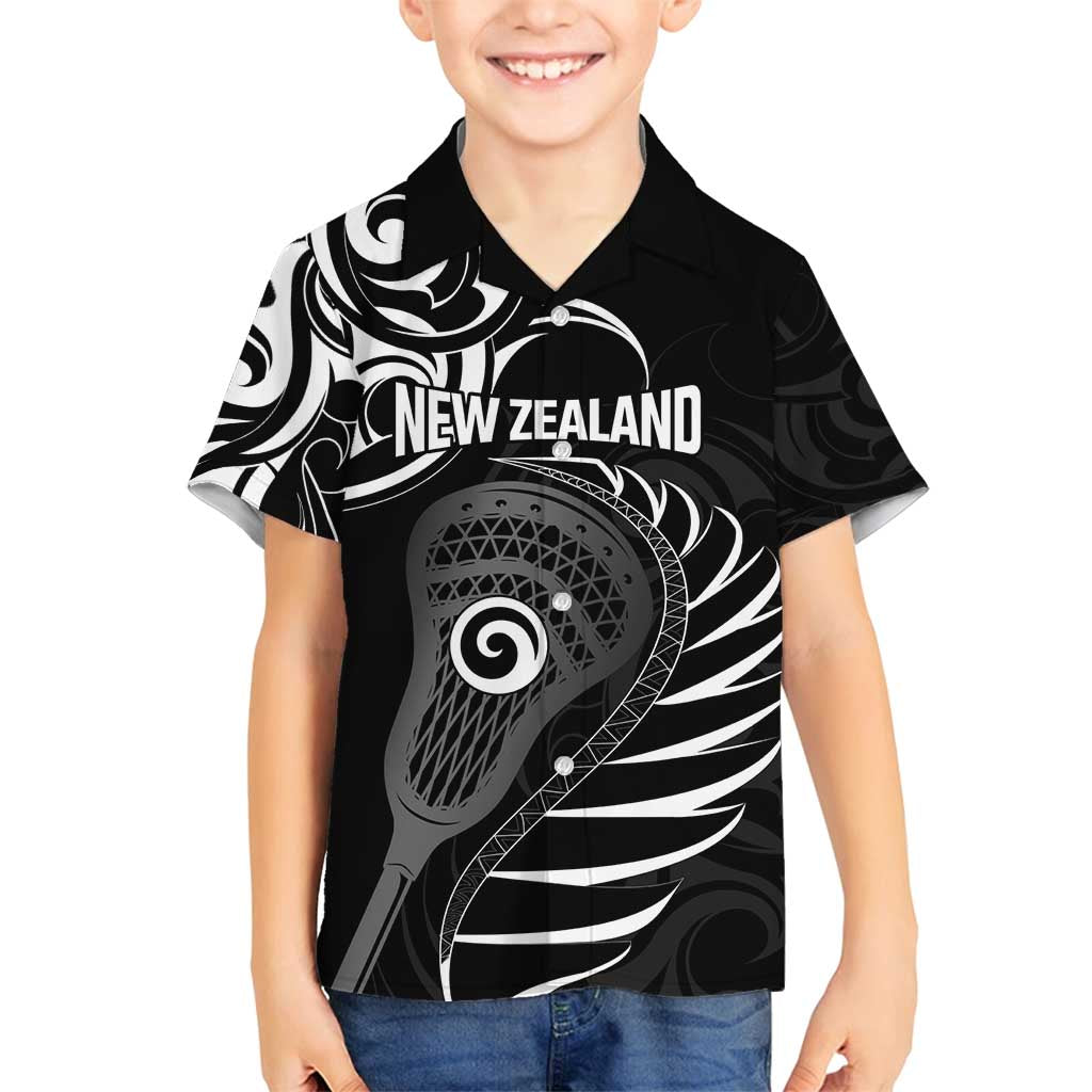Personalised New Zealand Silver Fern Lacrosse Family Matching Puletasi and Hawaiian Shirt Aotearoa Maori Pattern LT14 Son's Shirt Black - Polynesian Pride