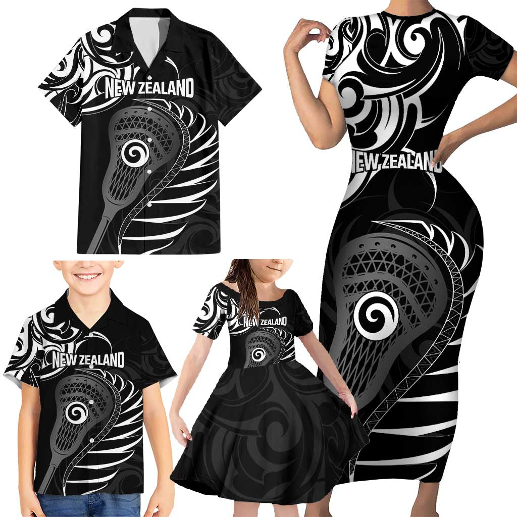 Personalised New Zealand Silver Fern Lacrosse Family Matching Short Sleeve Bodycon Dress and Hawaiian Shirt Aotearoa Maori Pattern LT14 - Polynesian Pride