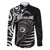 Personalised New Zealand Silver Fern Lacrosse Family Matching Short Sleeve Bodycon Dress and Hawaiian Shirt Aotearoa Maori Pattern LT14 Dad's Shirt - Long Sleeve Black - Polynesian Pride