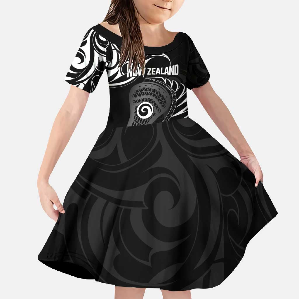 Personalised New Zealand Silver Fern Lacrosse Family Matching Tank Maxi Dress and Hawaiian Shirt Aotearoa Maori Pattern LT14 Daughter's Dress Black - Polynesian Pride