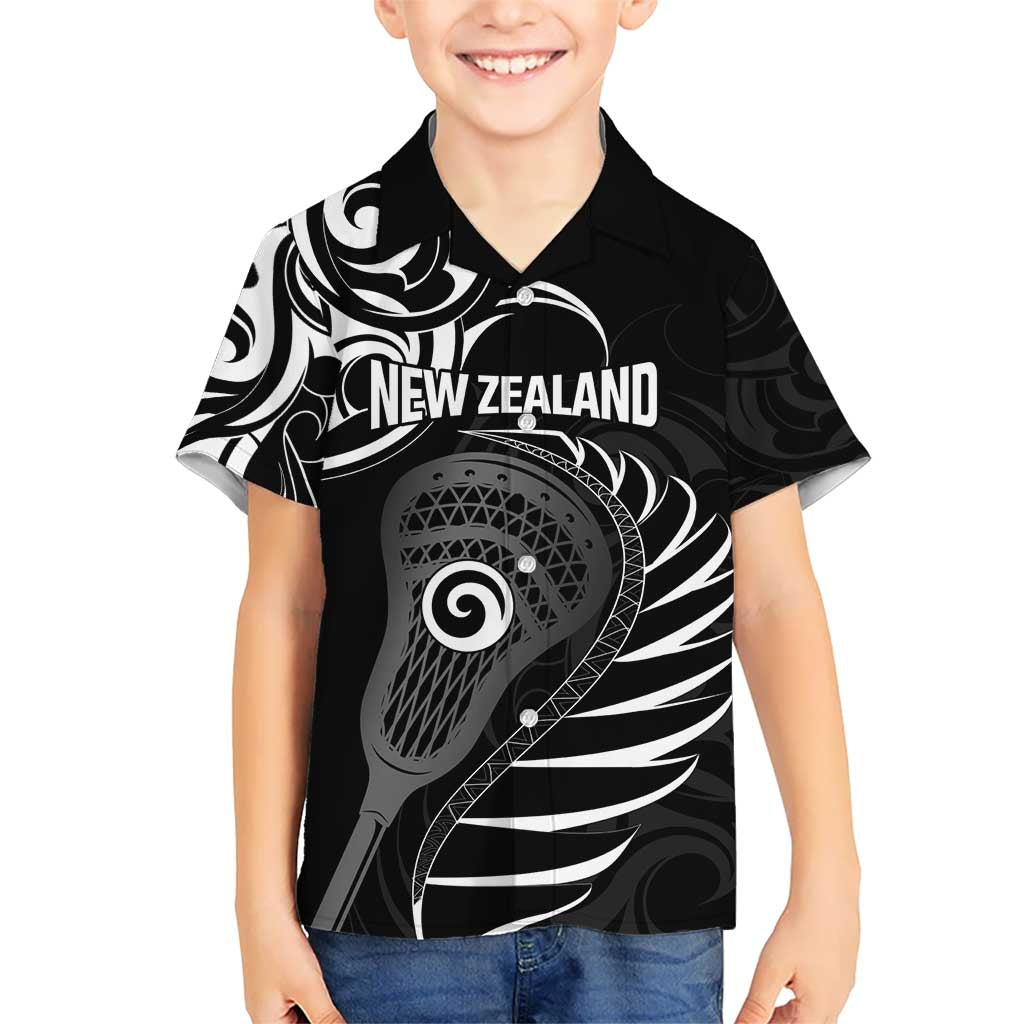 Personalised New Zealand Silver Fern Lacrosse Kid Hawaiian Shirt Aotearoa Maori Pattern LT14 Kid Black - Polynesian Pride