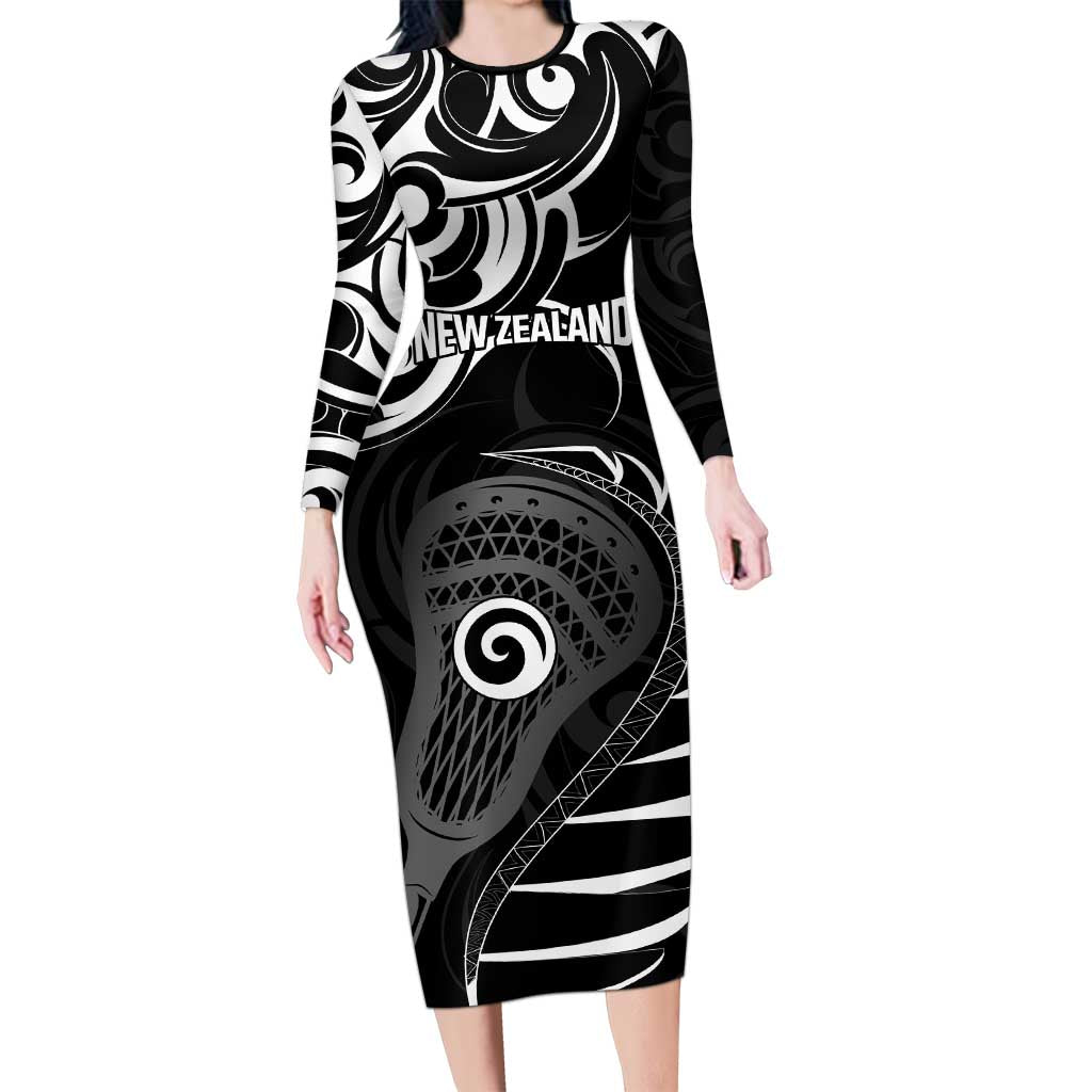 Personalised New Zealand Silver Fern Lacrosse Long Sleeve Bodycon Dress Aotearoa Maori Pattern LT14 Long Dress Black - Polynesian Pride