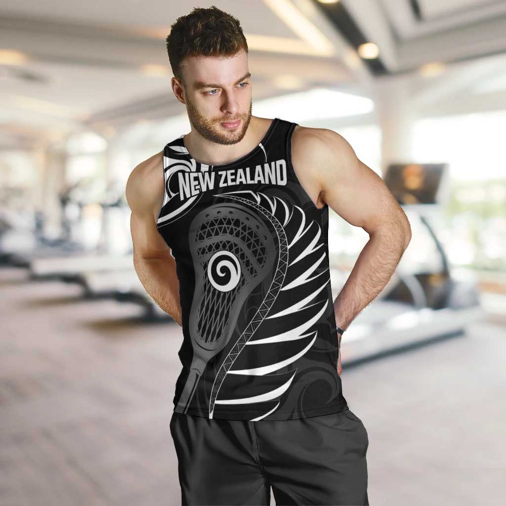 Personalised New Zealand Silver Fern Lacrosse Men Tank Top Aotearoa Maori Pattern LT14 Black - Polynesian Pride