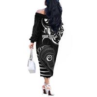 Personalised New Zealand Silver Fern Lacrosse Off The Shoulder Long Sleeve Dress Aotearoa Maori Pattern LT14 - Polynesian Pride
