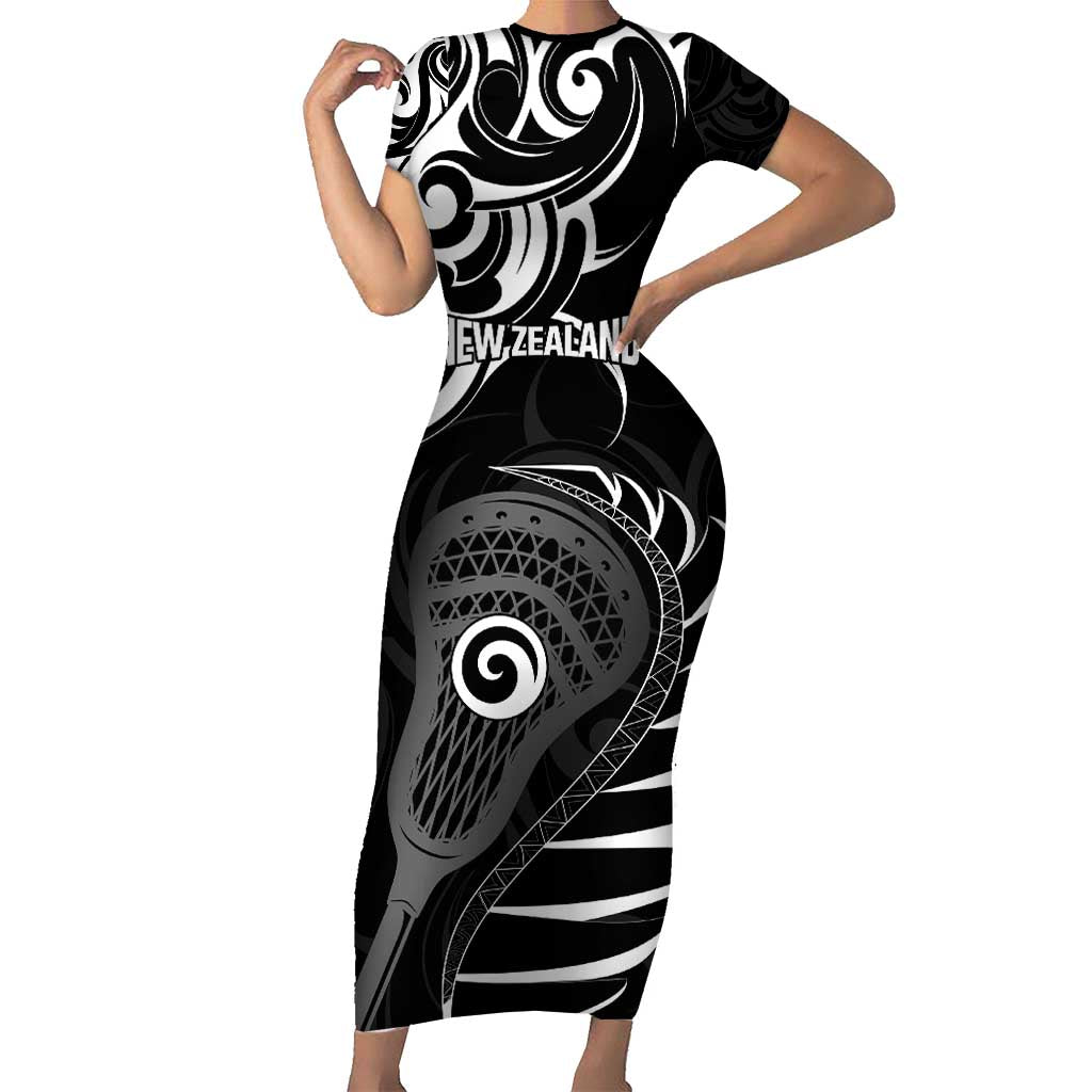 Personalised New Zealand Silver Fern Lacrosse Short Sleeve Bodycon Dress Aotearoa Maori Pattern LT14 Long Dress Black - Polynesian Pride