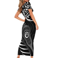 Personalised New Zealand Silver Fern Lacrosse Short Sleeve Bodycon Dress Aotearoa Maori Pattern LT14 - Polynesian Pride