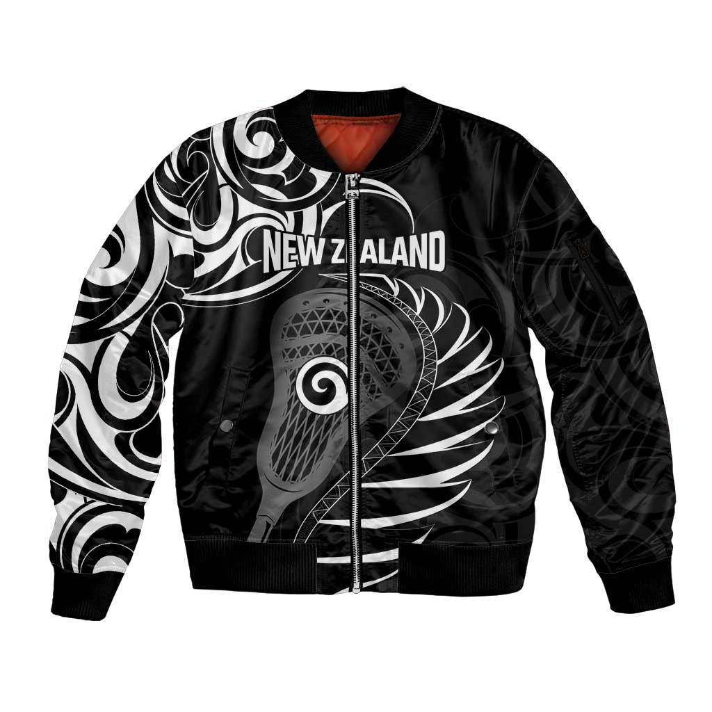 Personalised New Zealand Silver Fern Lacrosse Sleeve Zip Bomber Jacket Aotearoa Maori Pattern LT14 Unisex Black - Polynesian Pride