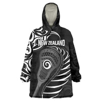 Personalised New Zealand Silver Fern Lacrosse Wearable Blanket Hoodie Aotearoa Maori Pattern LT14 One Size Black - Polynesian Pride