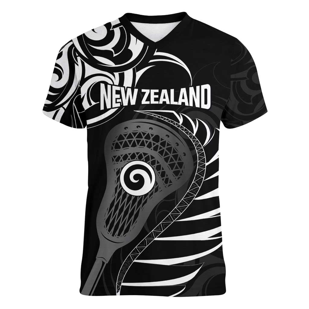 Personalised New Zealand Silver Fern Lacrosse Women V-Neck T-Shirt Aotearoa Maori Pattern LT14 Female Black - Polynesian Pride