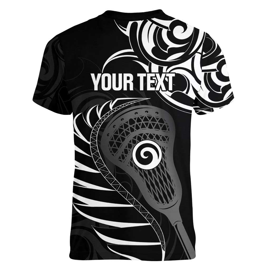 Personalised New Zealand Silver Fern Lacrosse Women V-Neck T-Shirt Aotearoa Maori Pattern LT14 - Polynesian Pride